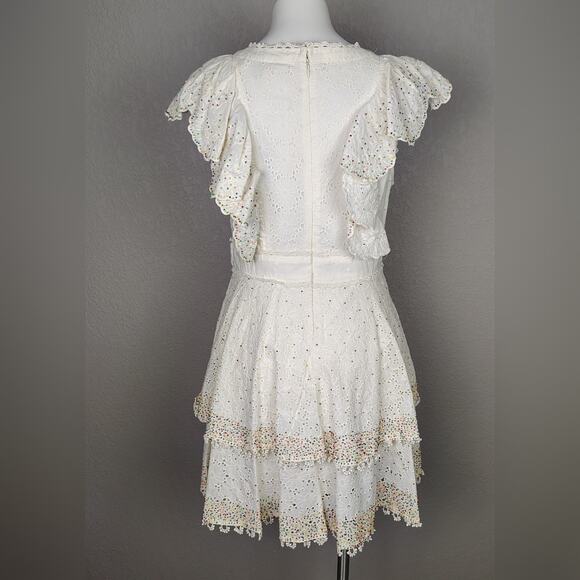 FARM Rio Boho Ivory Eyelet Lace Patch Beaded Tiered Mini Dress Size Medium - Picture 4 of 15